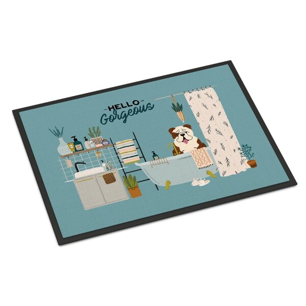Carolines Treasures 18 x 27 in. Brindle White English Bulldog in Bathtub Indoor or Outdoor Mat CK7543MAT - main